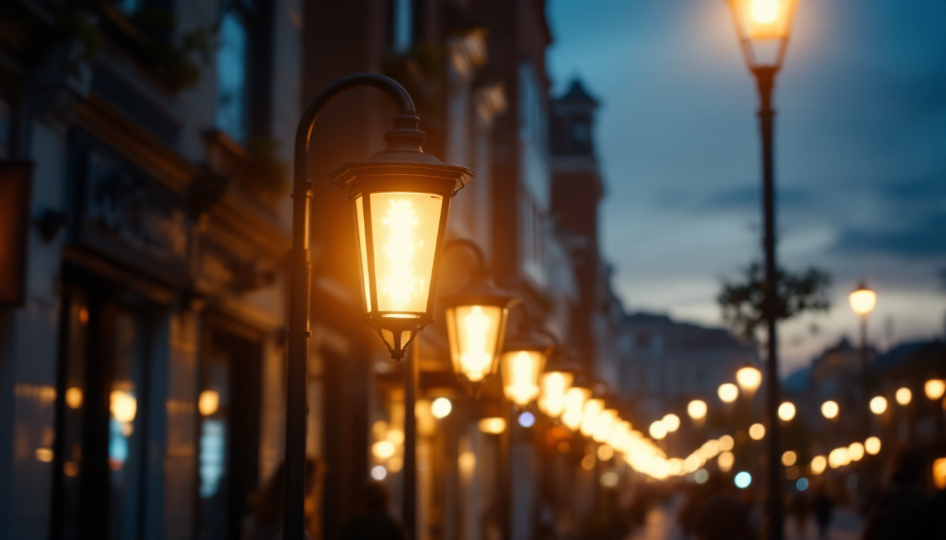 A photograph of capture a photograph of a well-lit commercial street scene at dusk