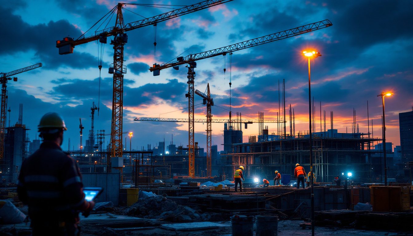 A photograph of a well-lit construction site at dusk