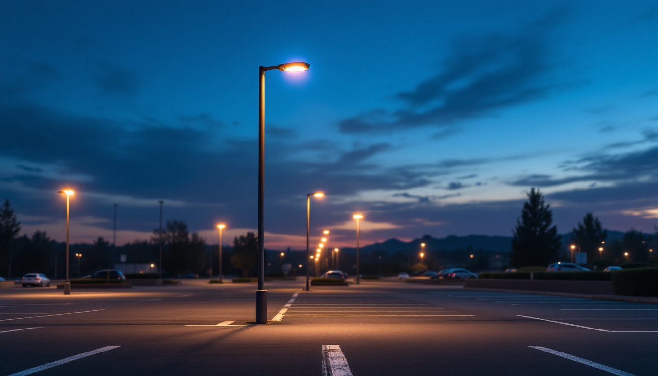 A photograph of a well-lit parking lot at dusk