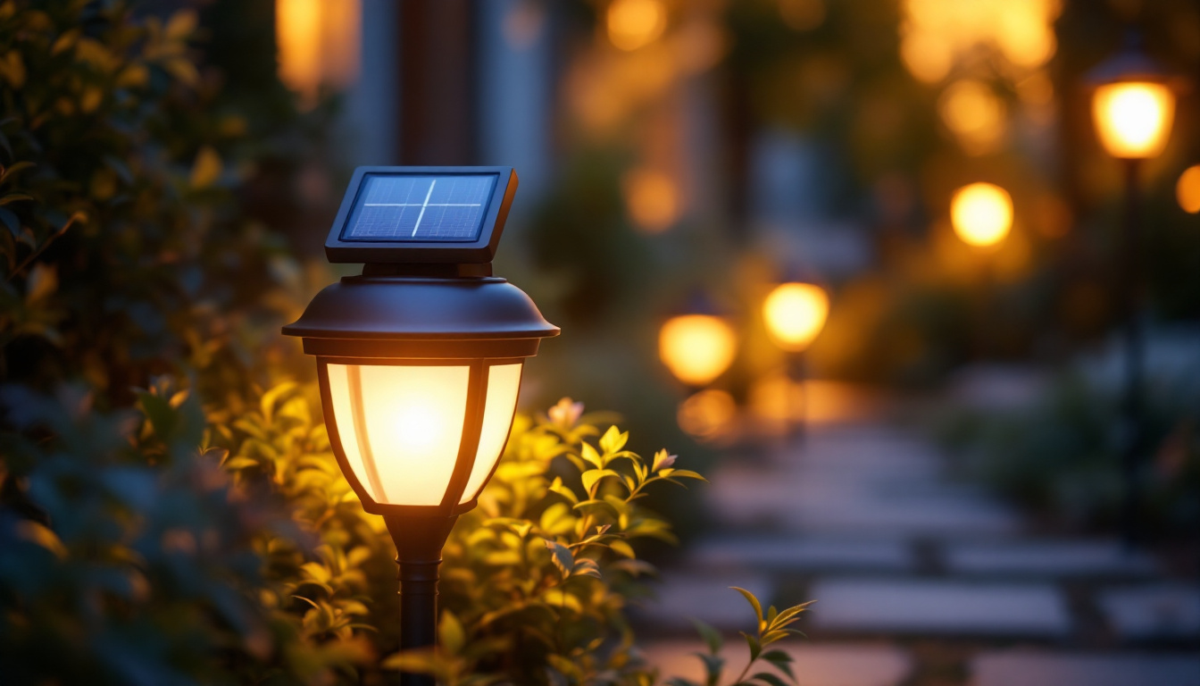 A photograph of a beautifully illuminated solar security lamp in a garden or outdoor setting at dusk