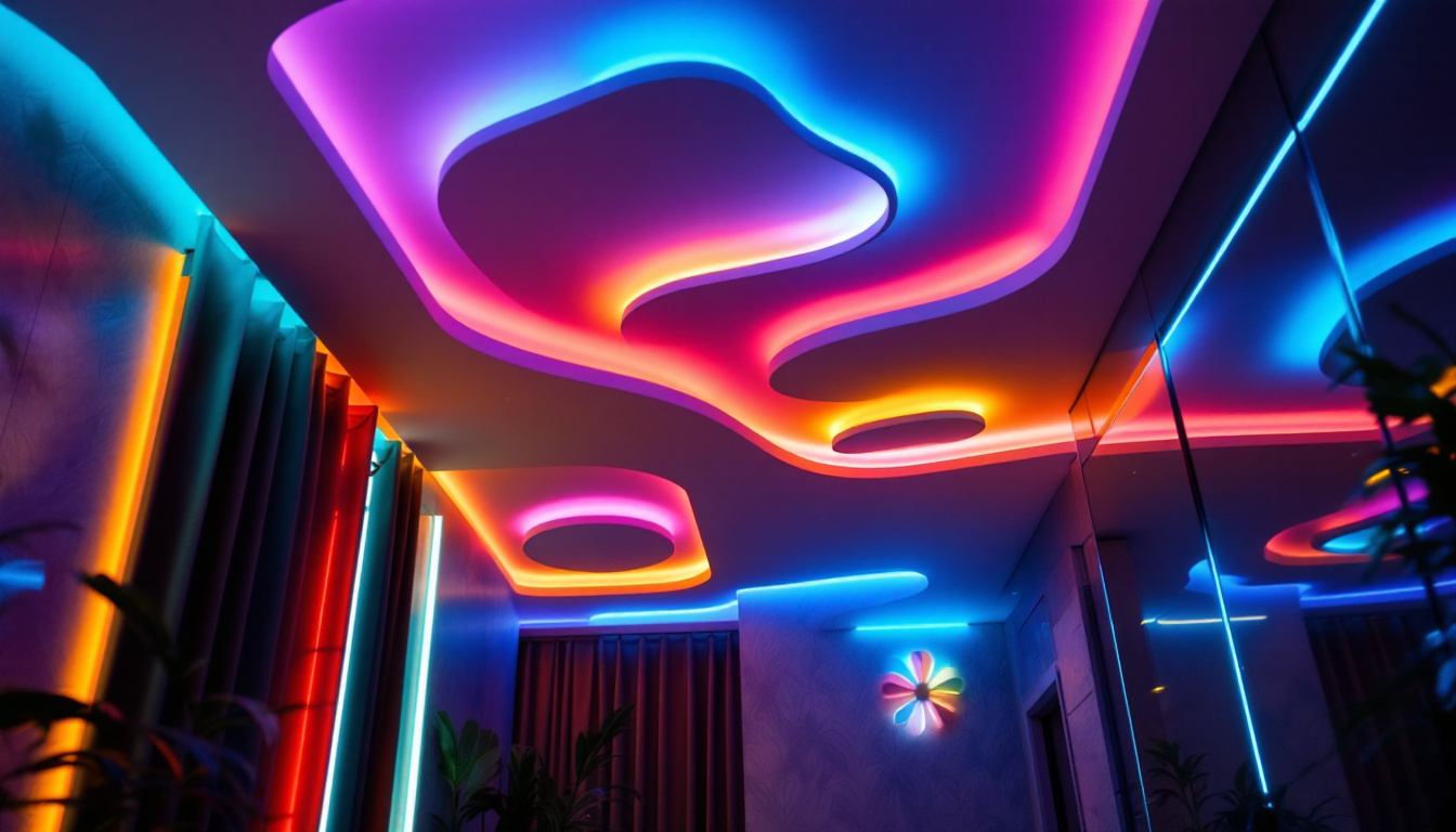 A photograph of a beautifully illuminated room featuring led ceiling light strips in various colors and designs