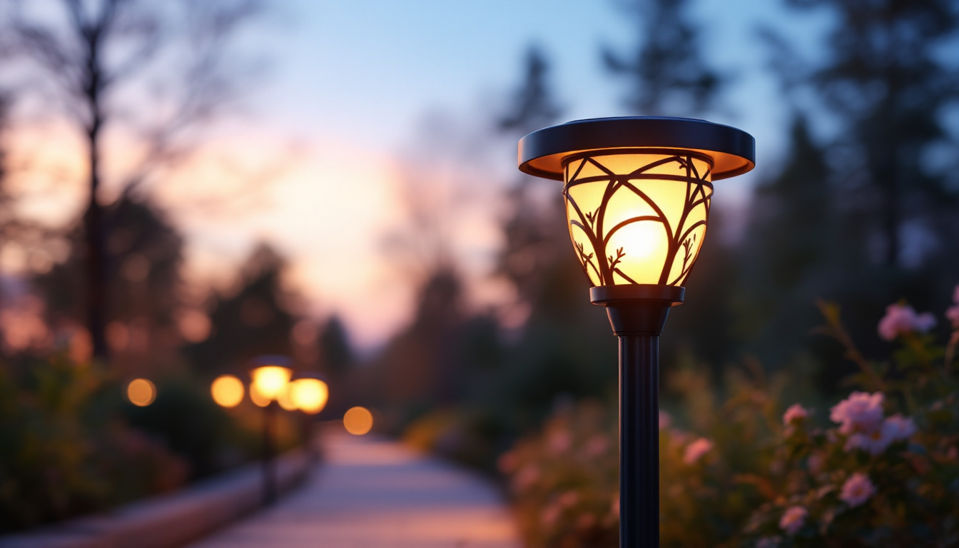 A photograph of a beautifully illuminated solar pathlight in a serene outdoor setting during twilight