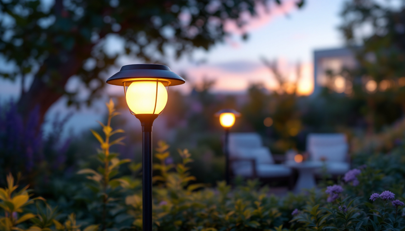 A photograph of a beautifully designed solar outdoor lamp illuminating a cozy garden or patio setting at dusk