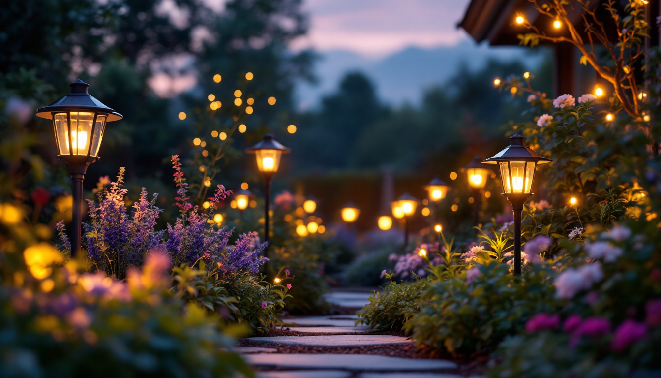 A photograph of a beautifully illuminated garden scene at dusk