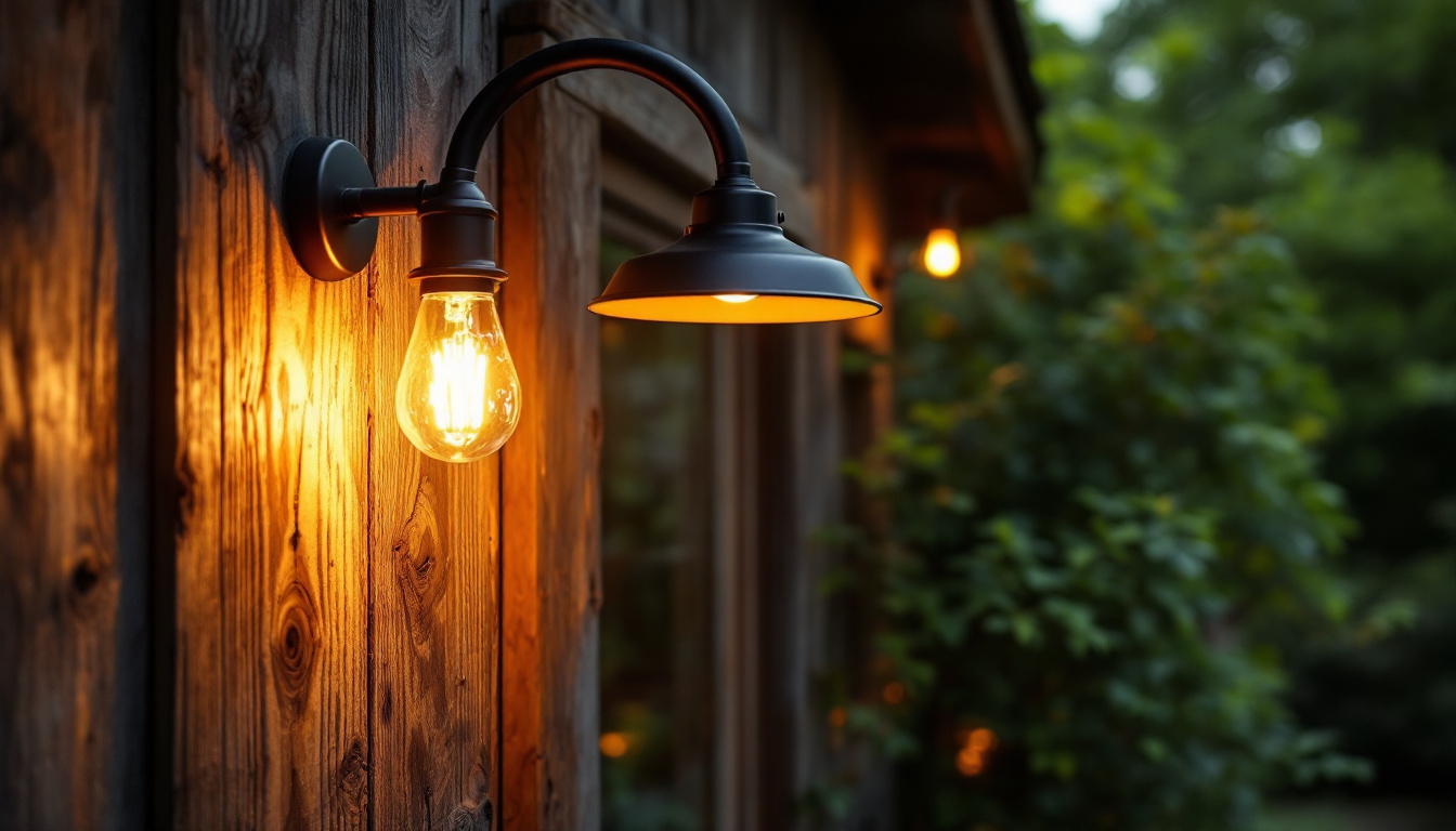 A photograph of a beautifully designed gooseneck barn light illuminating a rustic outdoor setting