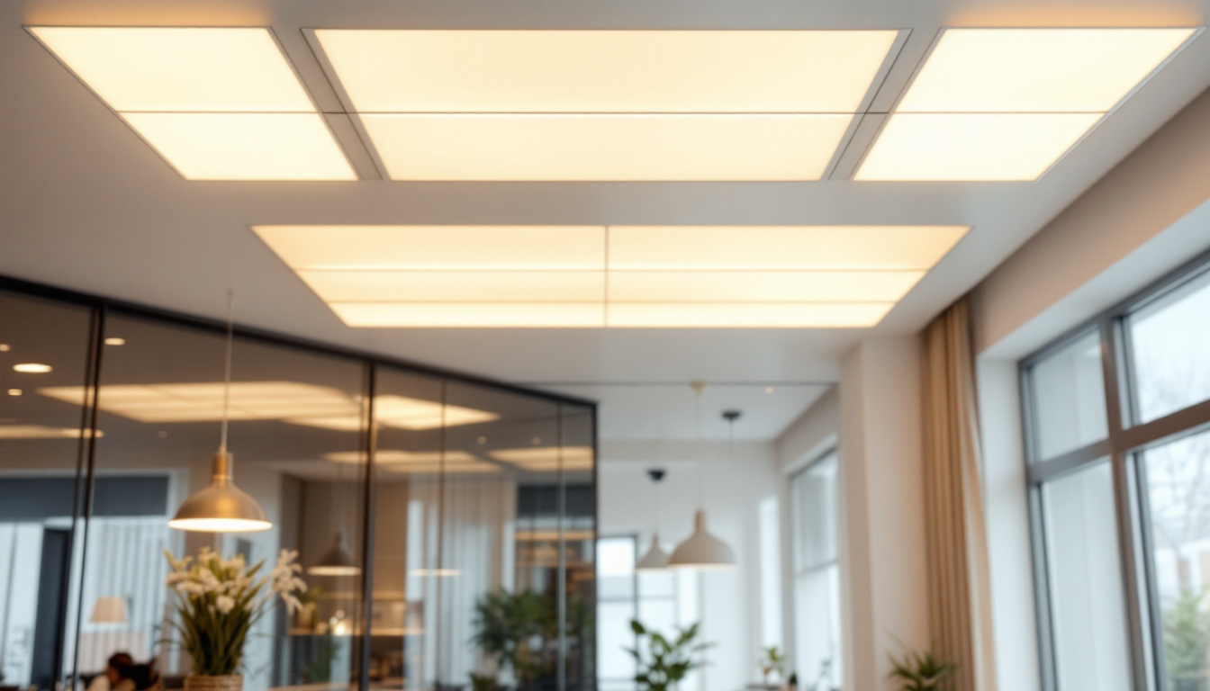 A photograph of a modern drop ceiling installation featuring led lights