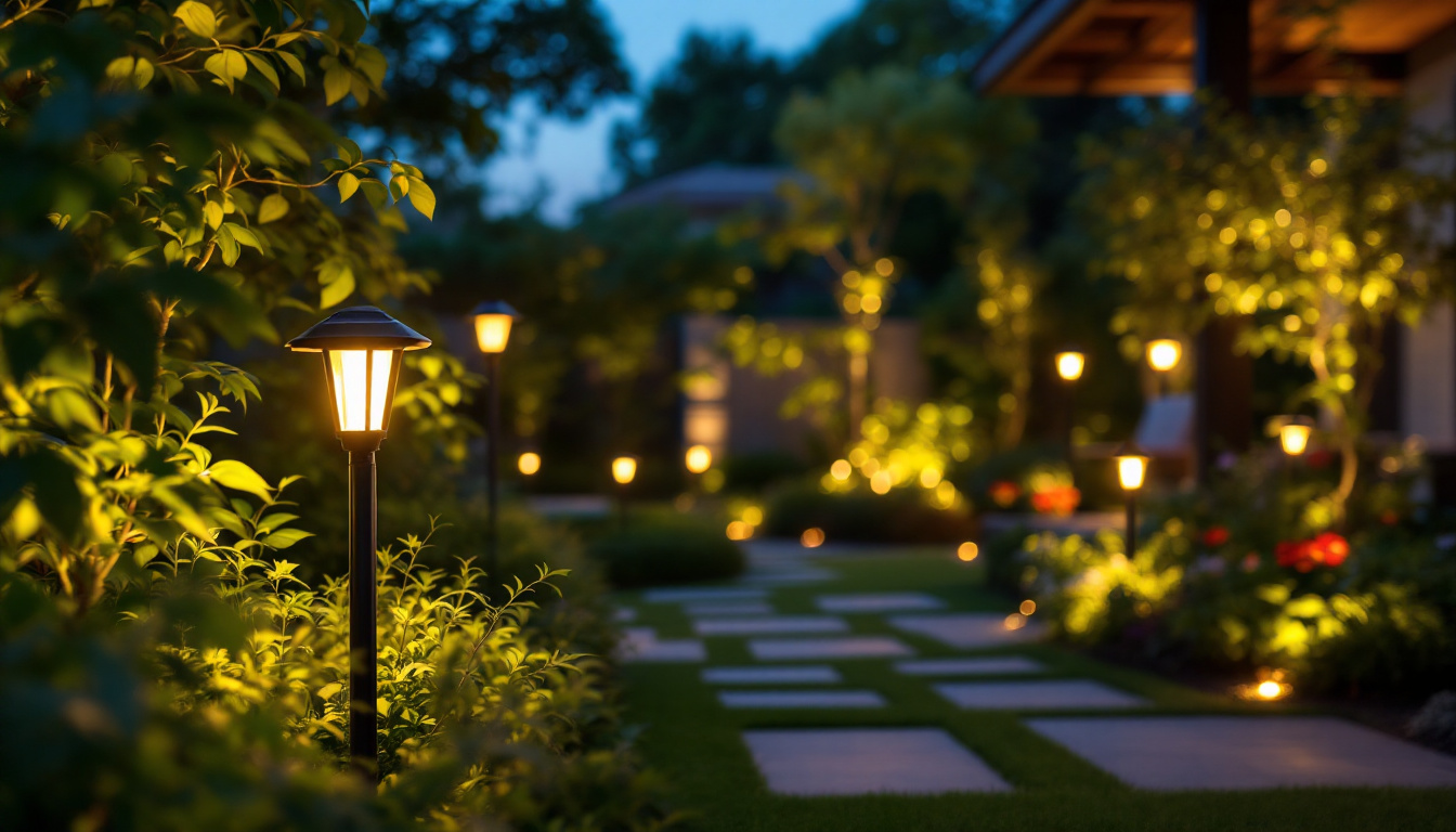 A photograph of a beautifully illuminated outdoor space featuring solar-powered landscape lighting