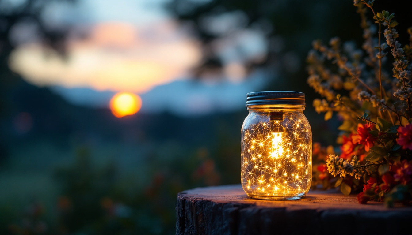 A photograph of capture a photograph of a beautifully arranged mason jar solar lamp glowing softly in a serene outdoor setting during twilight