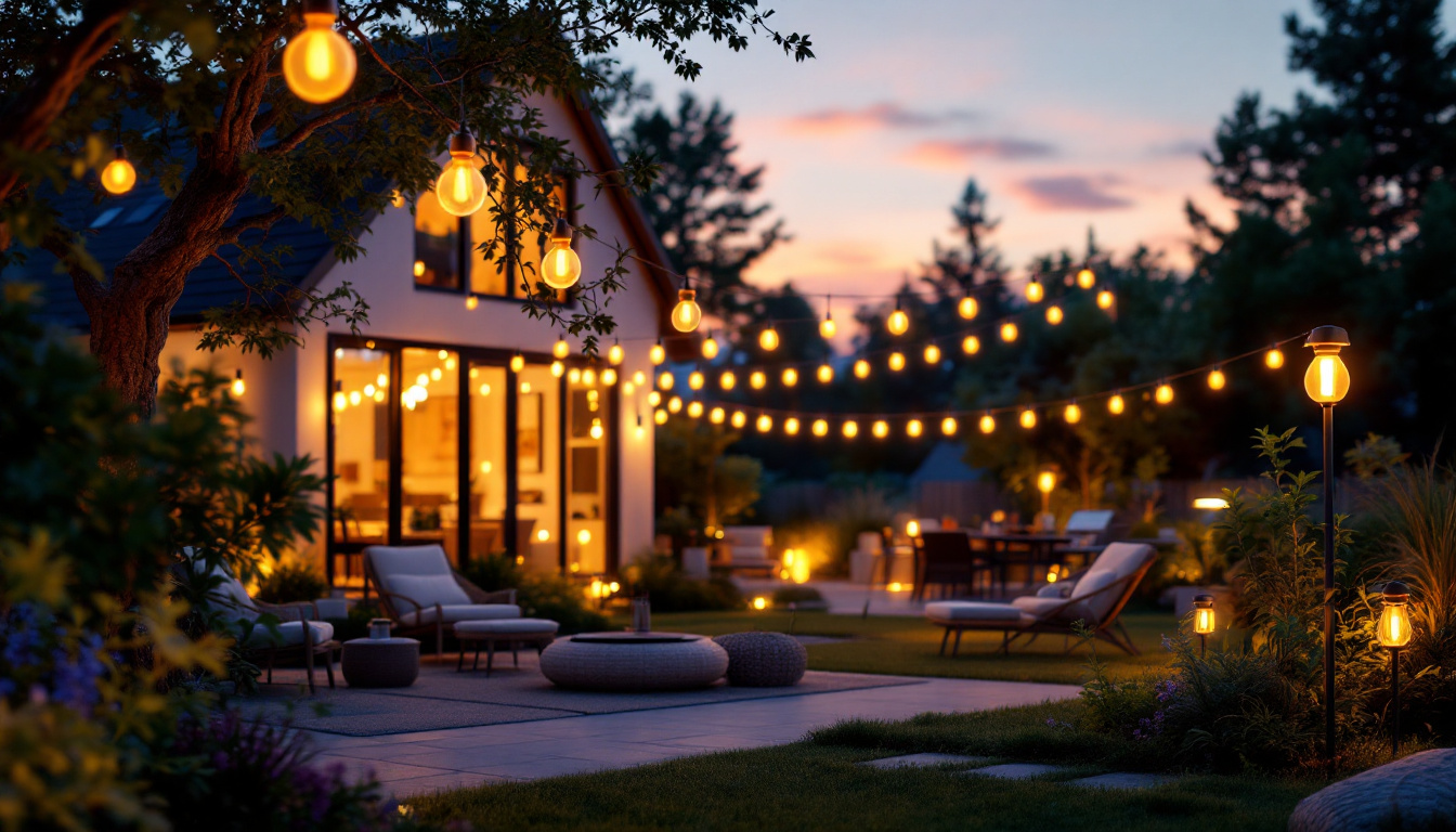 A photograph of a beautifully illuminated outdoor space featuring solar-powered house lights