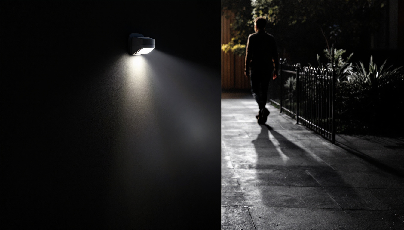 A photograph of a motion detector light in action