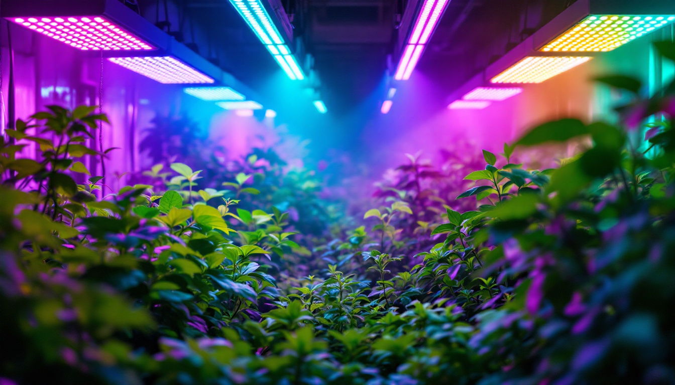 A photograph of a vibrant indoor greenhouse scene illuminated by various types of grow lights