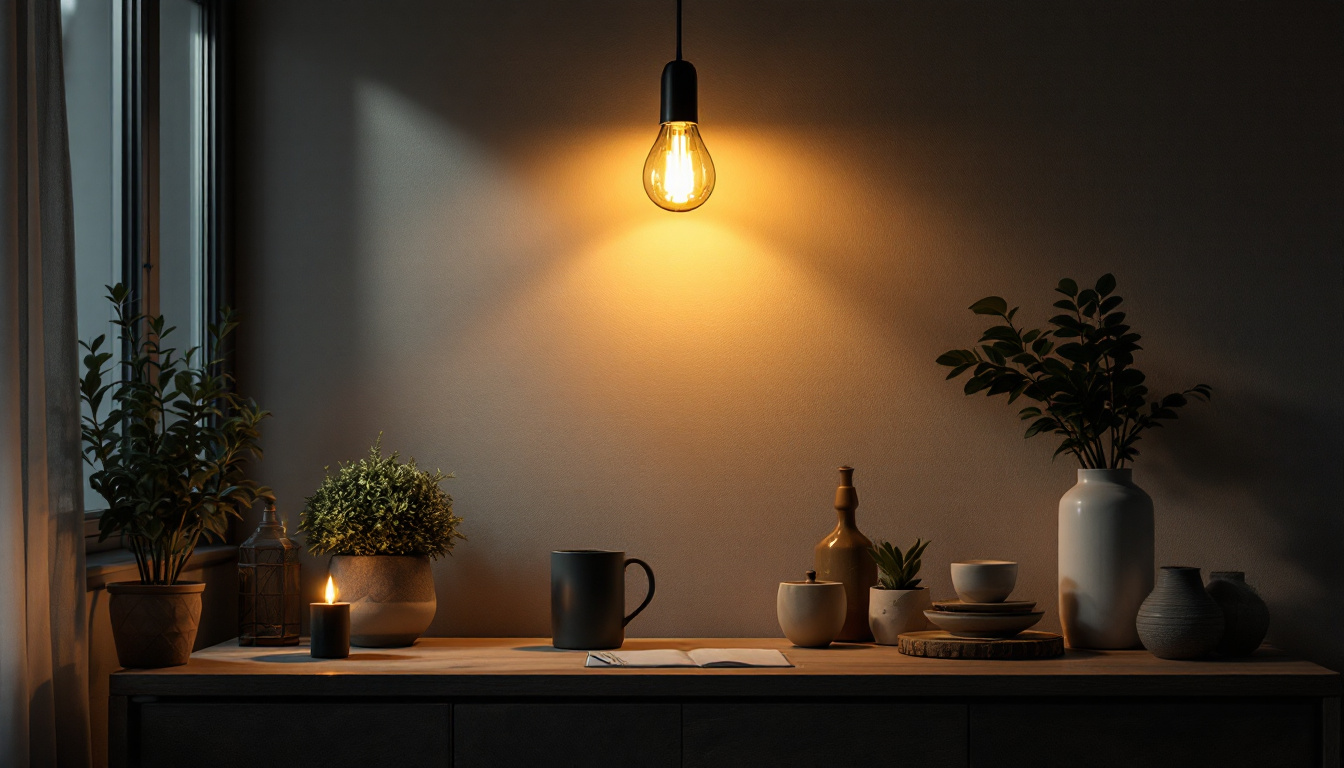 A photograph of a single light fixture illuminating a stylishly arranged room
