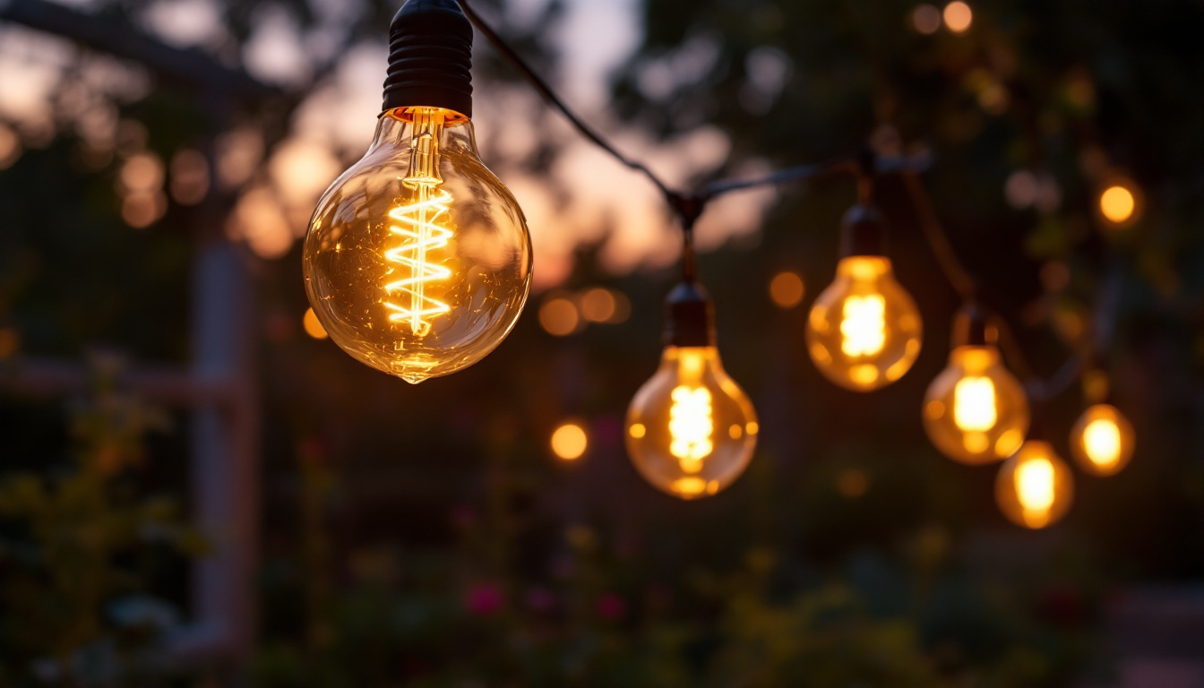 A photograph of a beautifully arranged outdoor scene featuring various light bulb solar lights illuminating a garden or patio at dusk