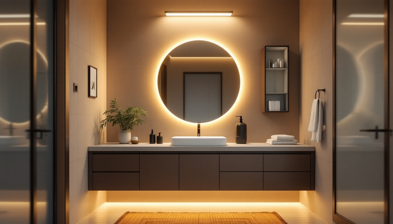 A photograph of a stylish bathroom featuring a modern vanity light that highlights the space