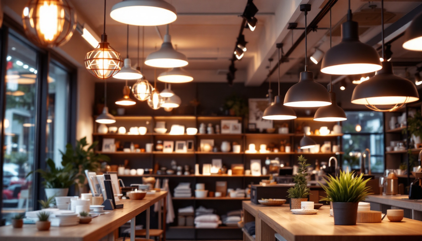 A photograph of a well-lit retail space showcasing a variety of led lighting fixtures in use
