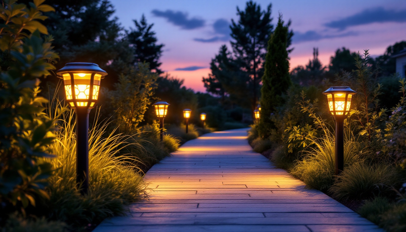 A photograph of a serene outdoor pathway illuminated by solar-powered path lights at dusk