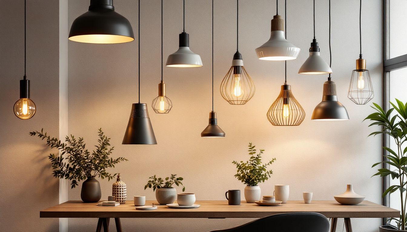 A photograph of a beautifully arranged display of various pendant lights in a stylish interior setting