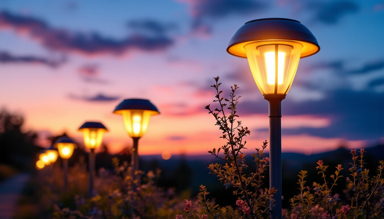 A photograph of a beautifully illuminated outdoor scene featuring solar lights mounted on posts