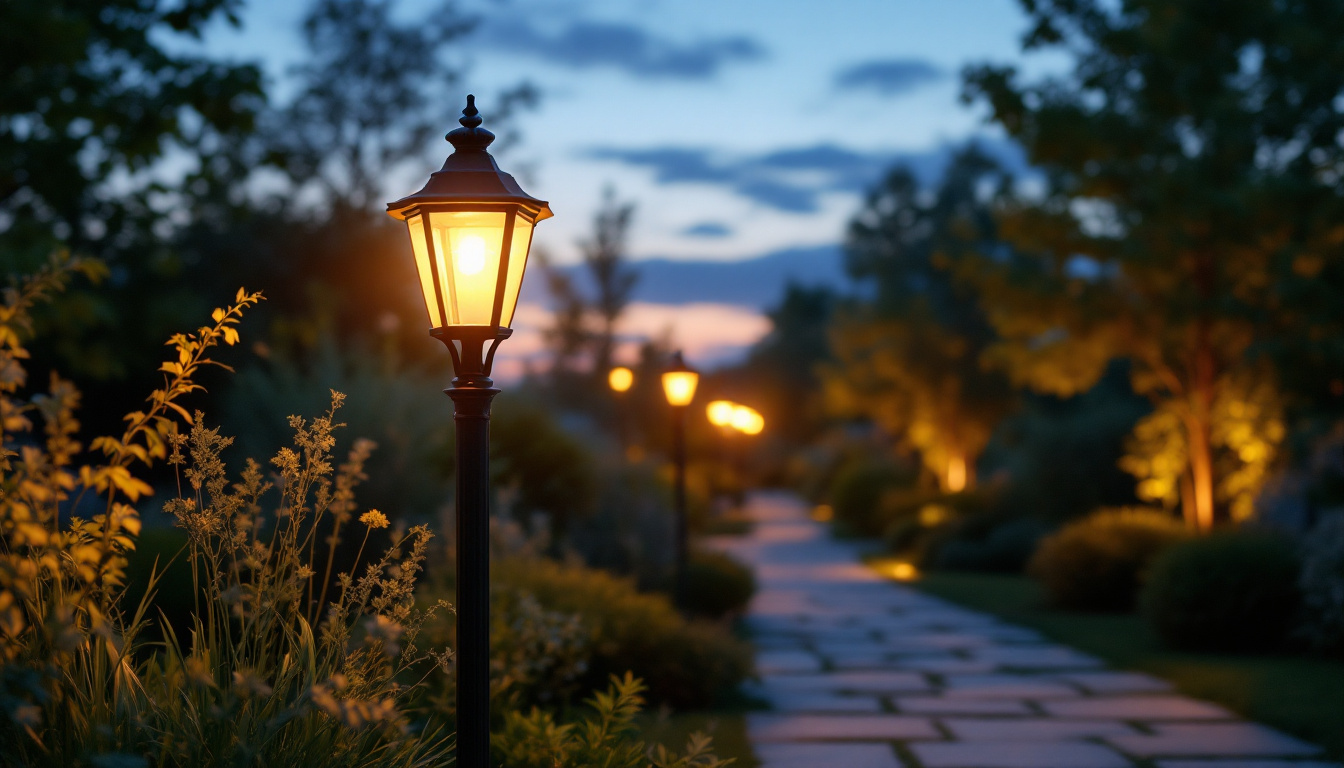 A photograph of a beautifully illuminated yard pole lamp in a serene outdoor setting at dusk