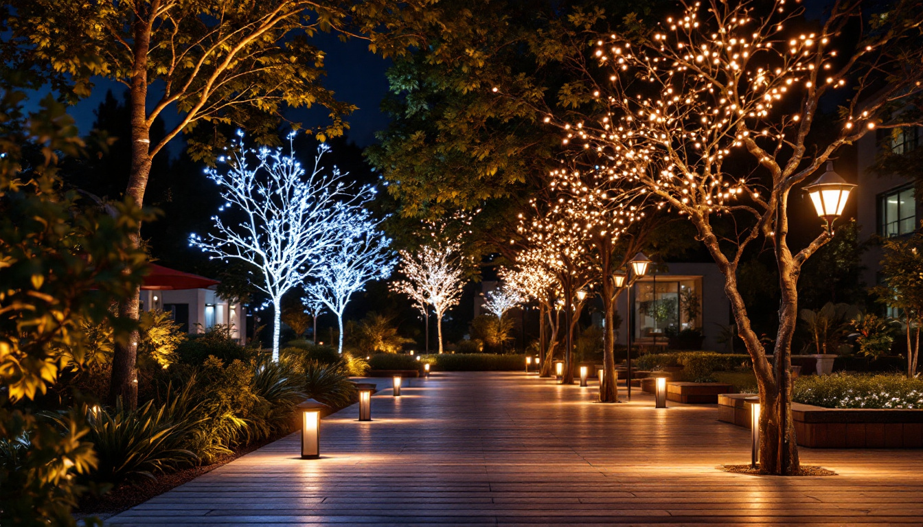 A photograph of a beautifully illuminated outdoor space featuring stylish pole lighting fixtures
