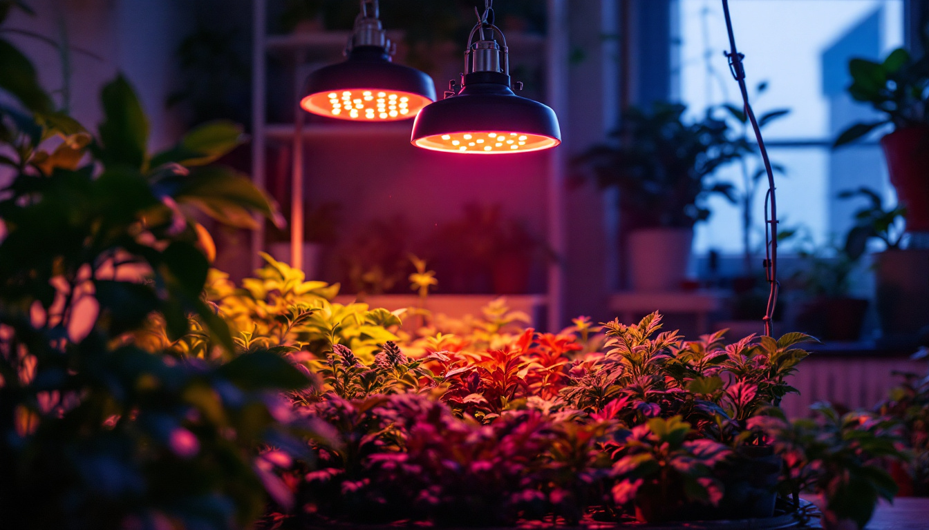 A photograph of a well-lit indoor gardening setup showcasing various types of grow lights in action