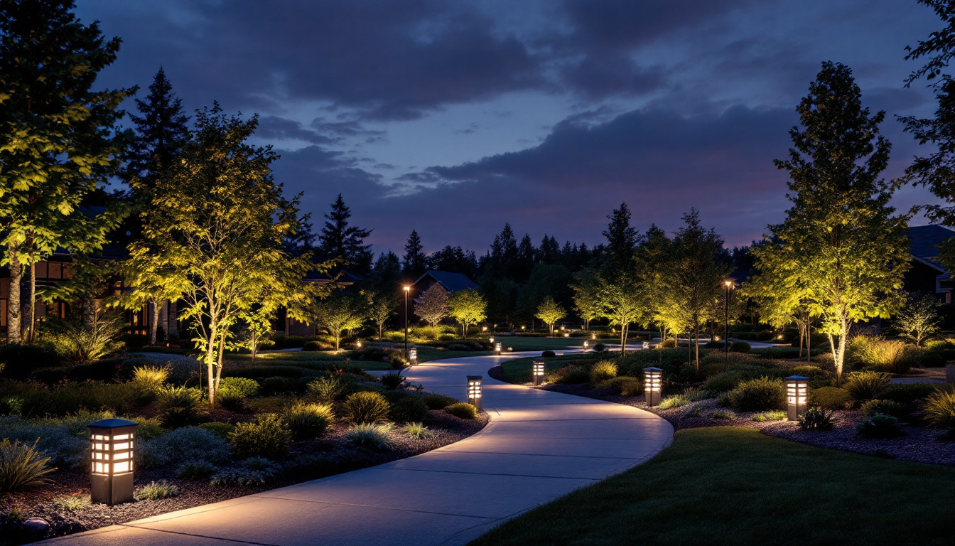 A photograph of a beautifully illuminated commercial landscape at dusk