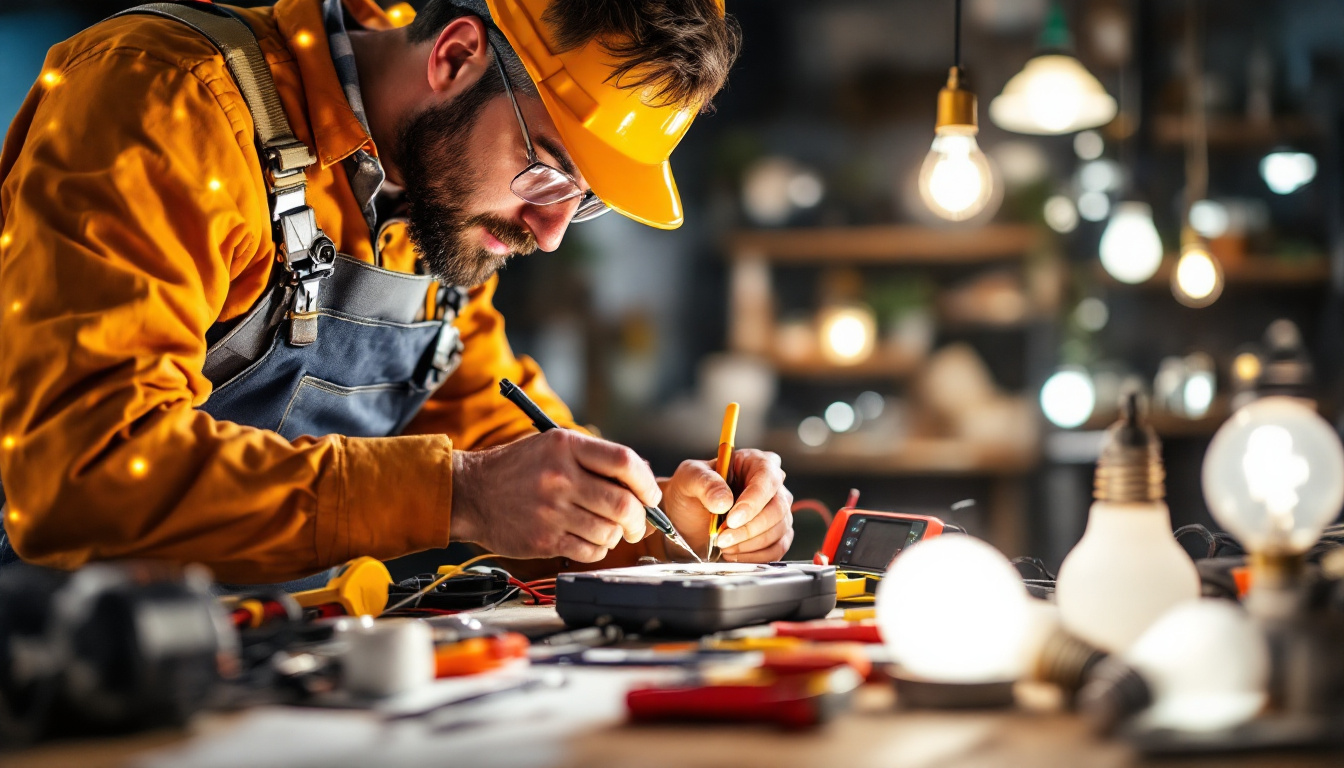 A photograph of a skilled electrician working with various lighting tools and fixtures in a well-lit environment