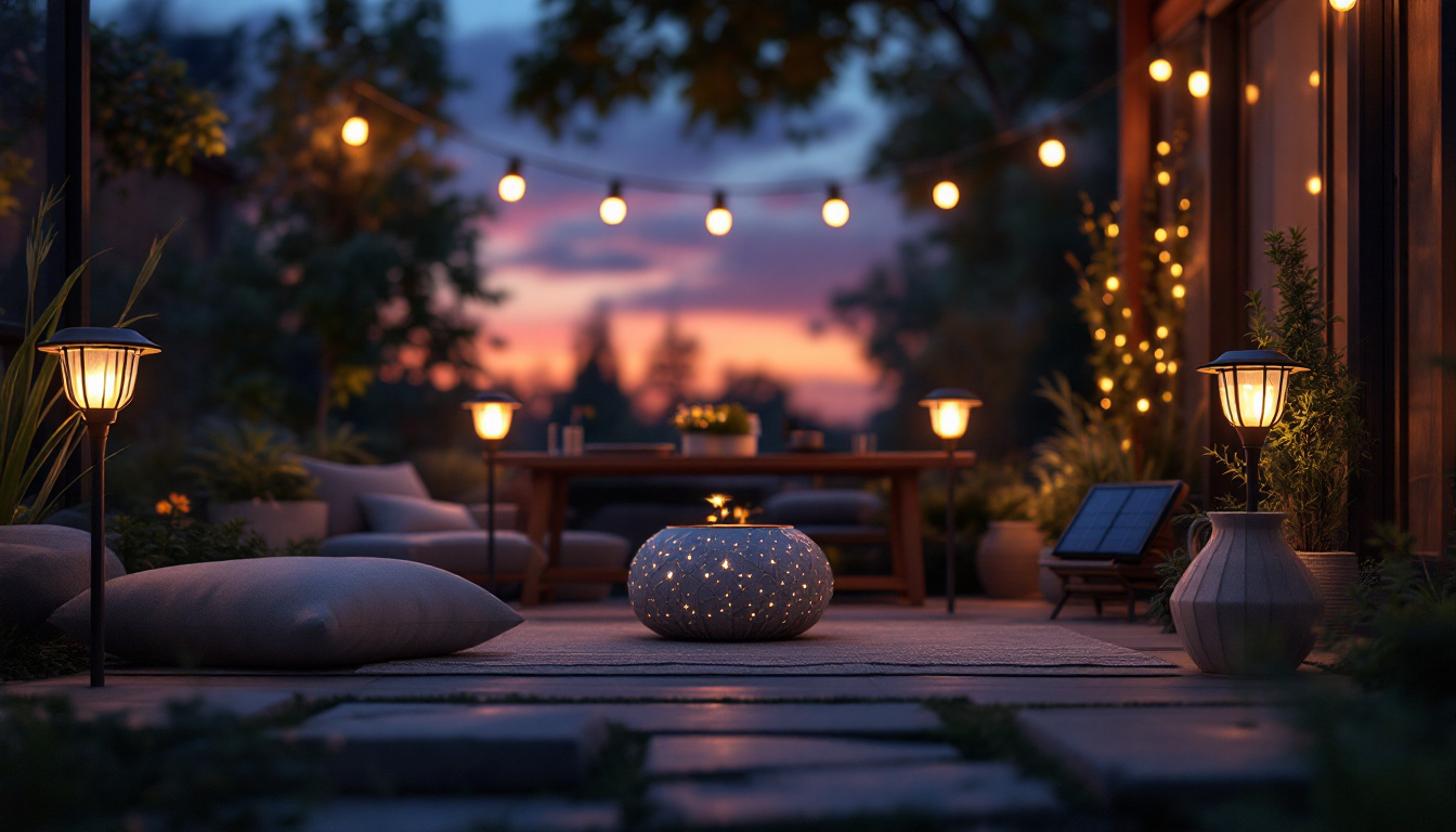 A photograph of a beautifully illuminated outdoor space featuring various styles of solar lights