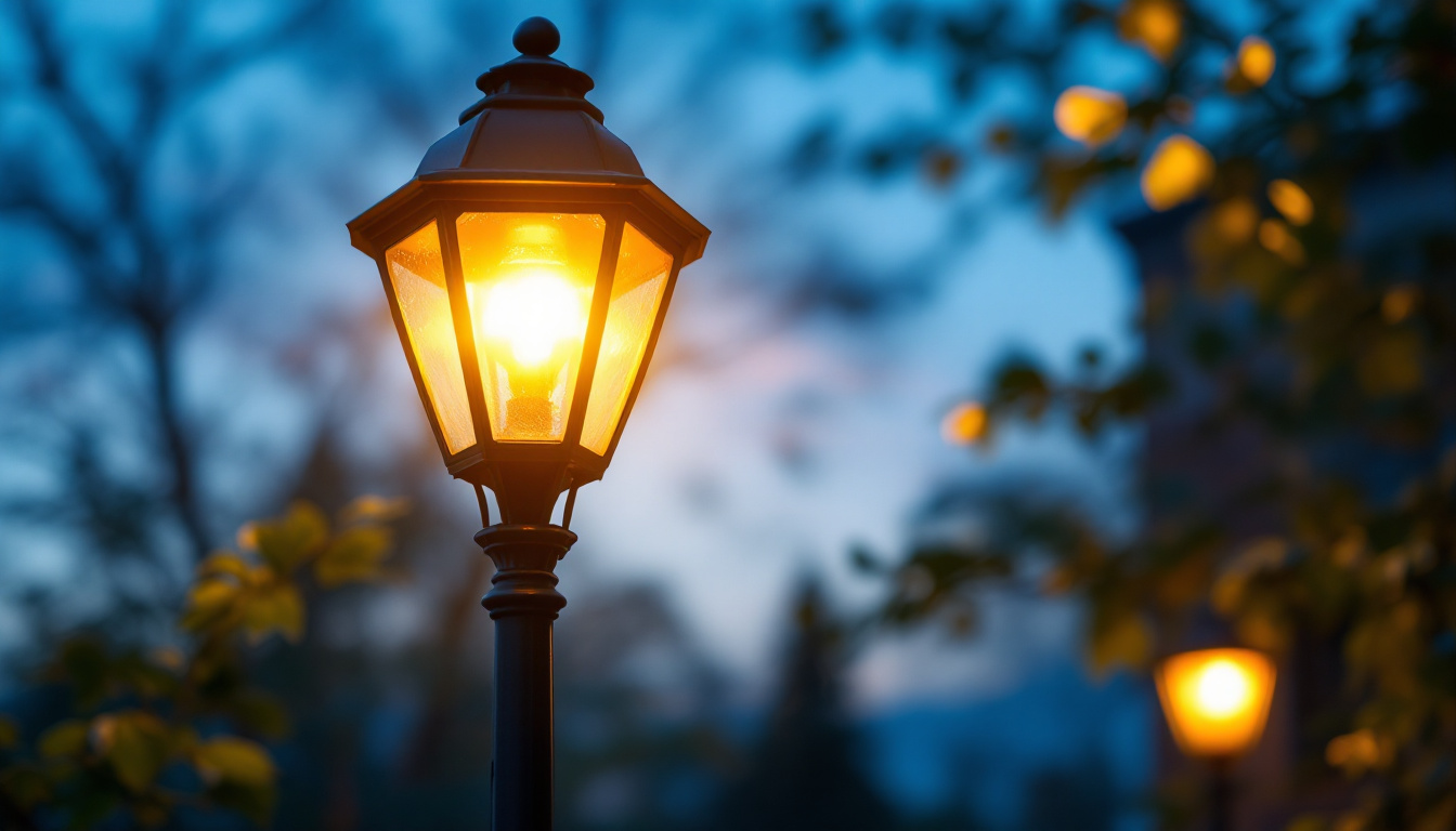 A photograph of a beautifully illuminated outdoor lamp in a serene evening setting