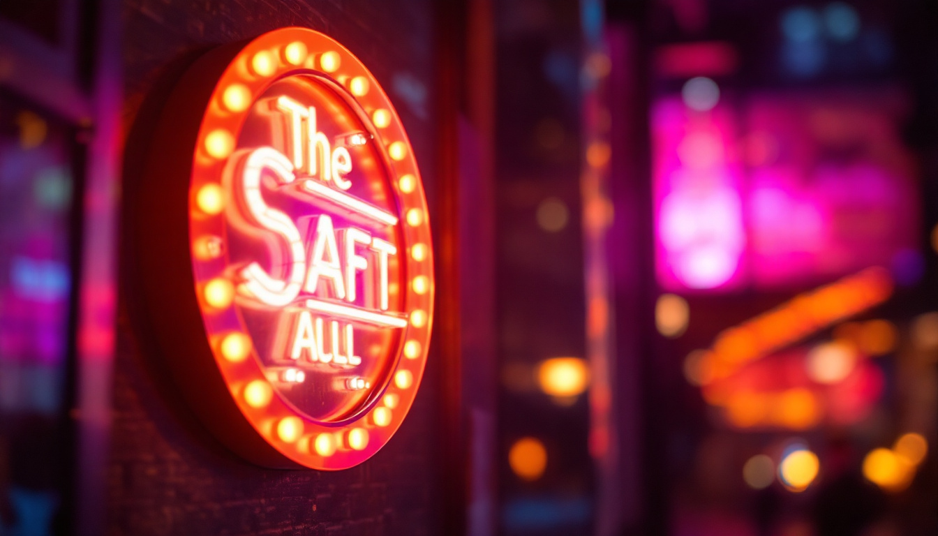 A photograph of a vibrant led sign glowing in a dimly lit urban environment