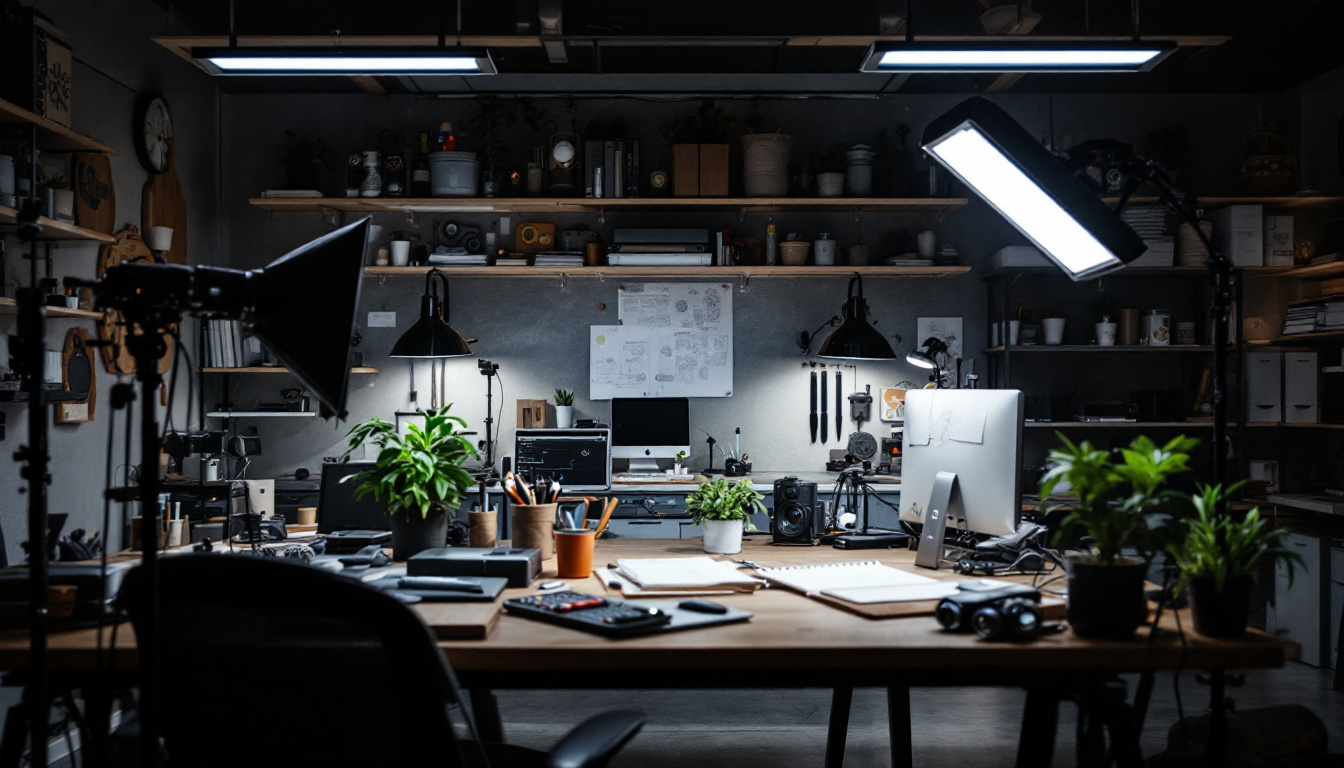 A photograph of a well-lit workspace featuring the 10 pack linkable shop lights in action
