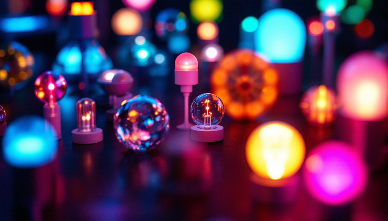 A photograph of a close-up of a colorful array of led lights in various shapes and sizes
