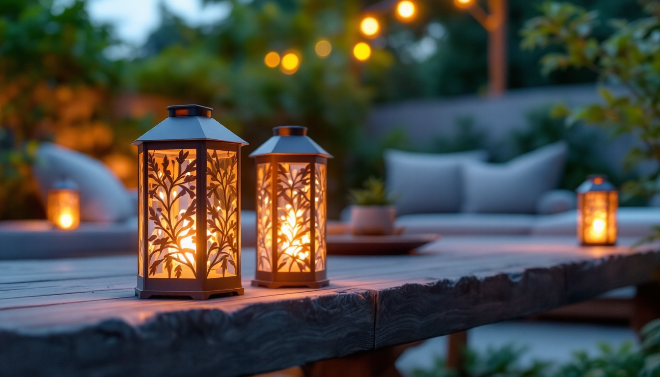 A photograph of a beautifully arranged outdoor patio scene at dusk