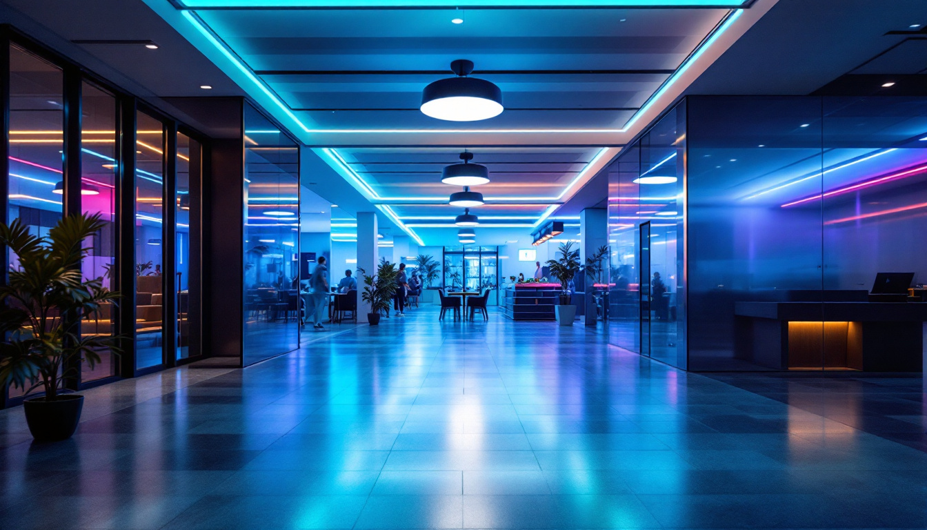 A photograph of a modern commercial space illuminated by vibrant led lighting