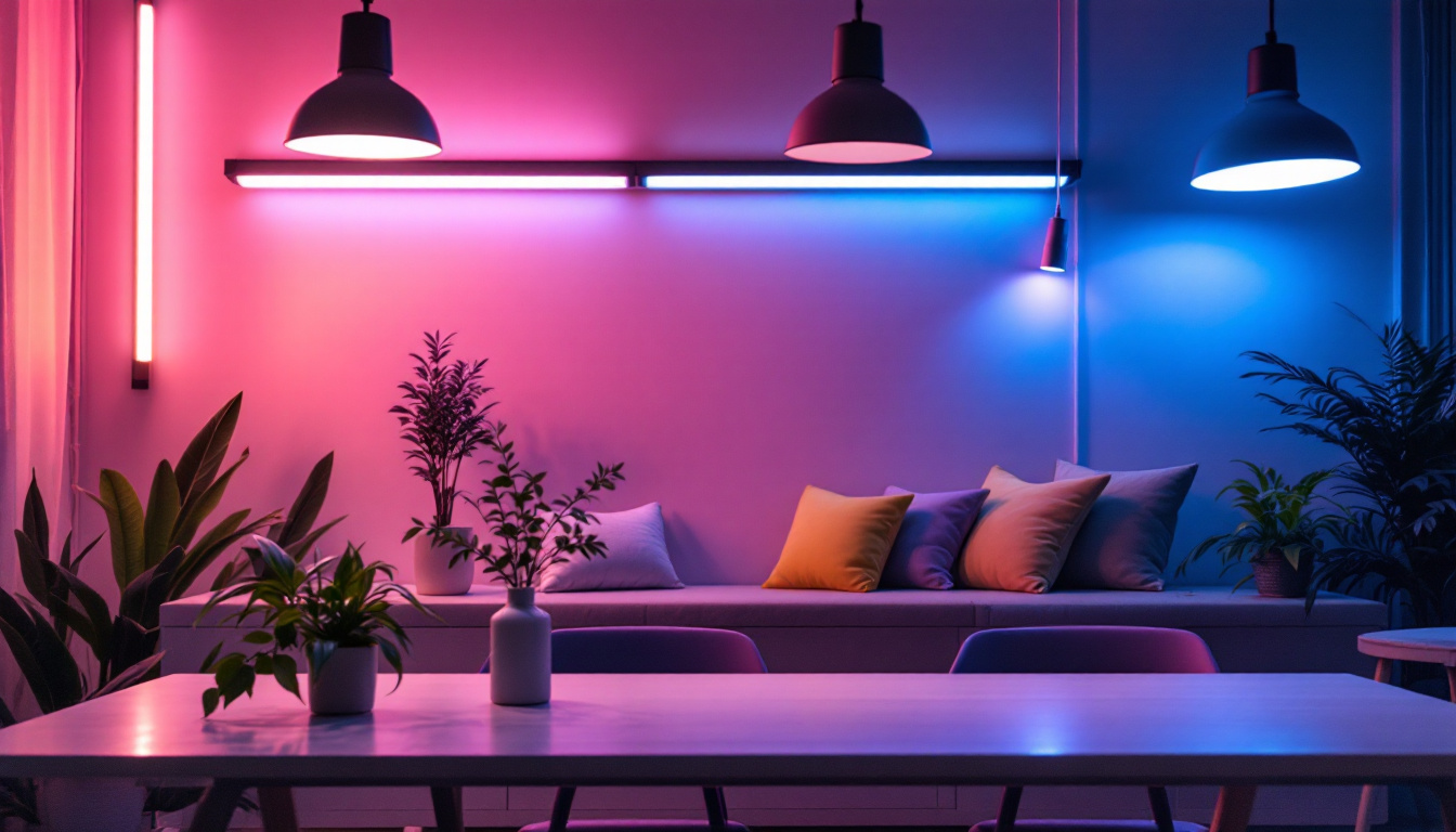 A photograph of a stylish interior space featuring various t5 light fixtures in action