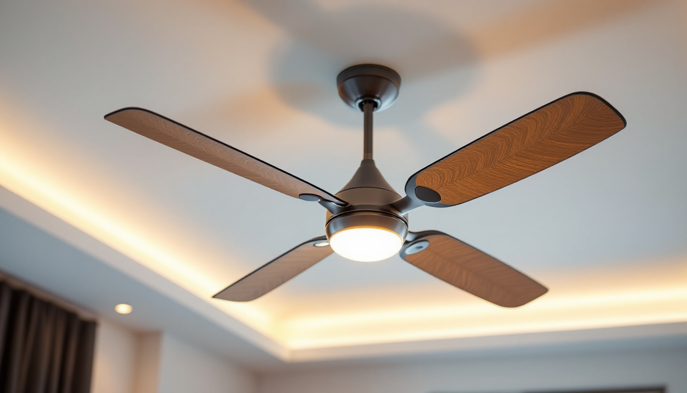 A photograph of a beautifully designed ceiling fan with integrated lighting features