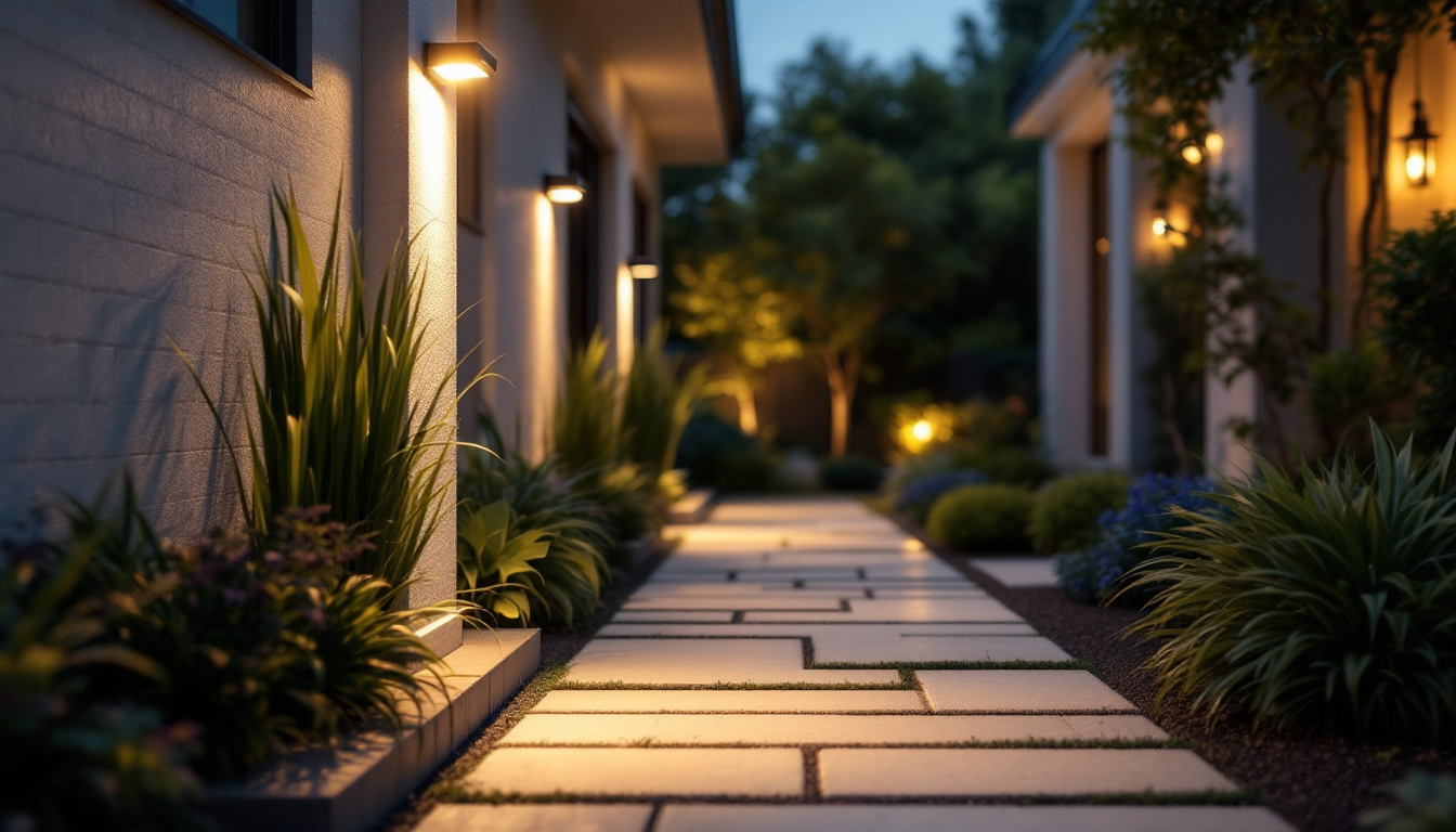 A photograph of a well-lit outdoor space featuring motion detector lights in action