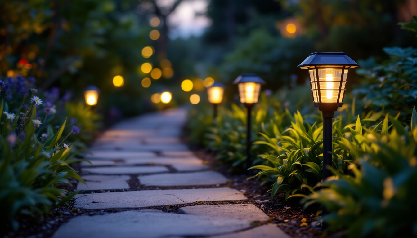 A photograph of capture a photograph of a beautifully illuminated garden pathway at dusk