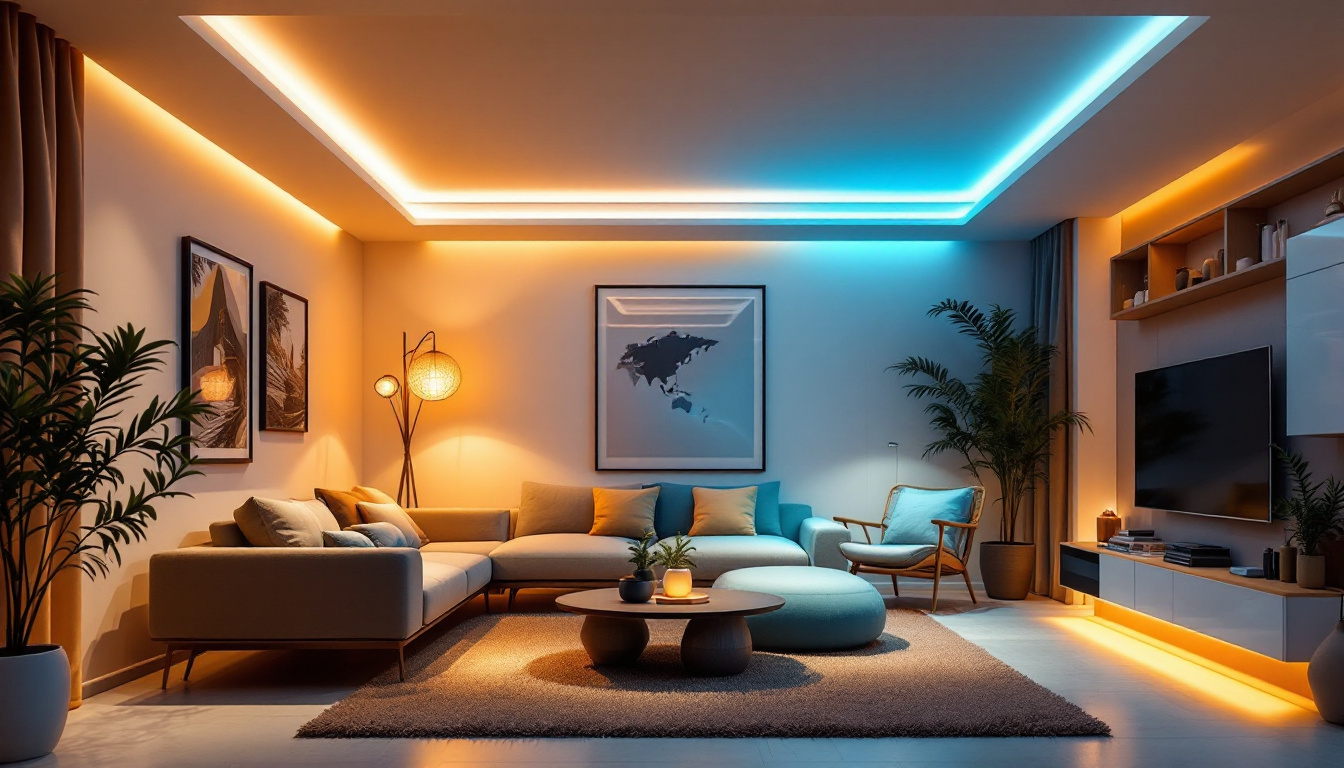 A photograph of a modern living space illuminated by sleek led ceiling lights