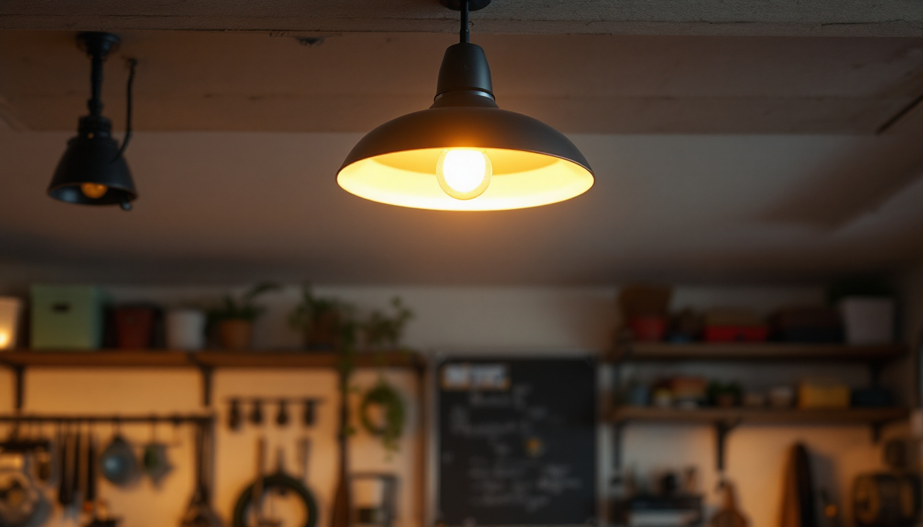 A photograph of a stylish garage ceiling lamp illuminating a well-organized garage space