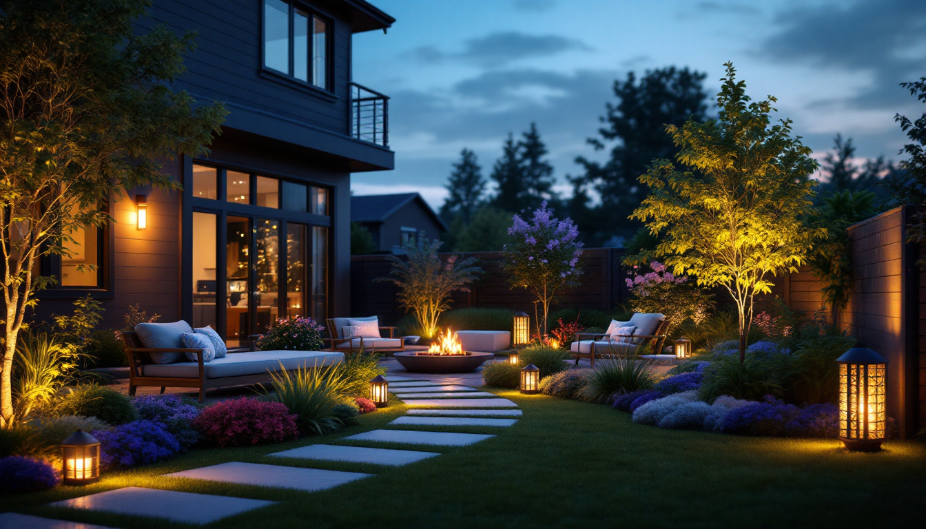 A photograph of capture a photograph of a beautifully illuminated outdoor yard scene at dusk