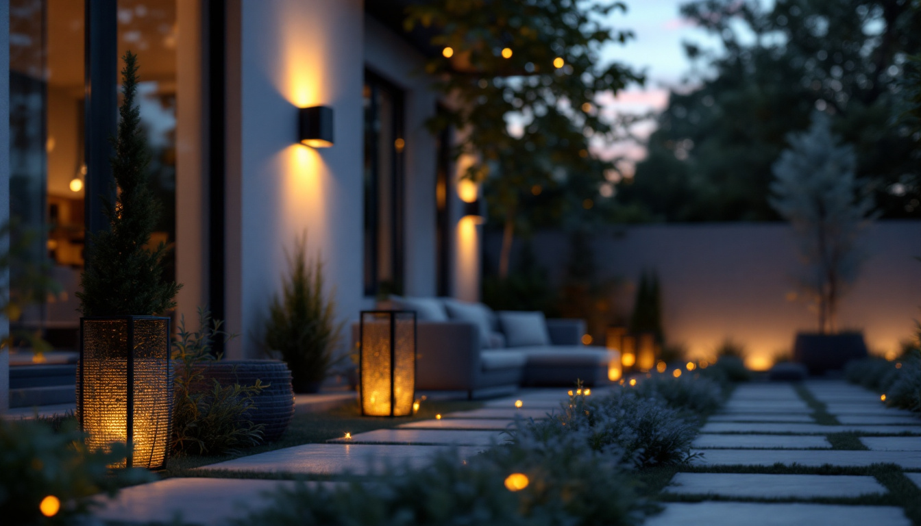 A photograph of capture a photograph of a stylish outdoor space illuminated by sleek black exterior lights