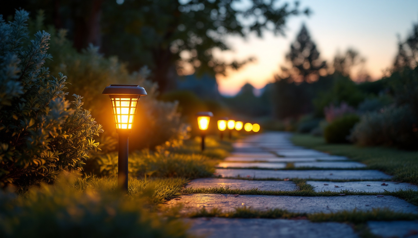A photograph of a beautifully lit outdoor scene at dusk featuring solar-powered led lights illuminating a garden pathway