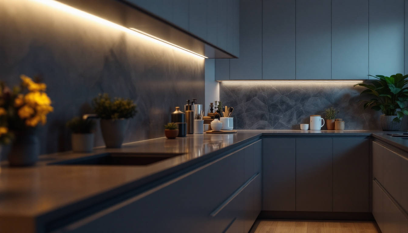 A photograph of a modern kitchen showcasing sleek led undercabinet lights illuminating the countertop