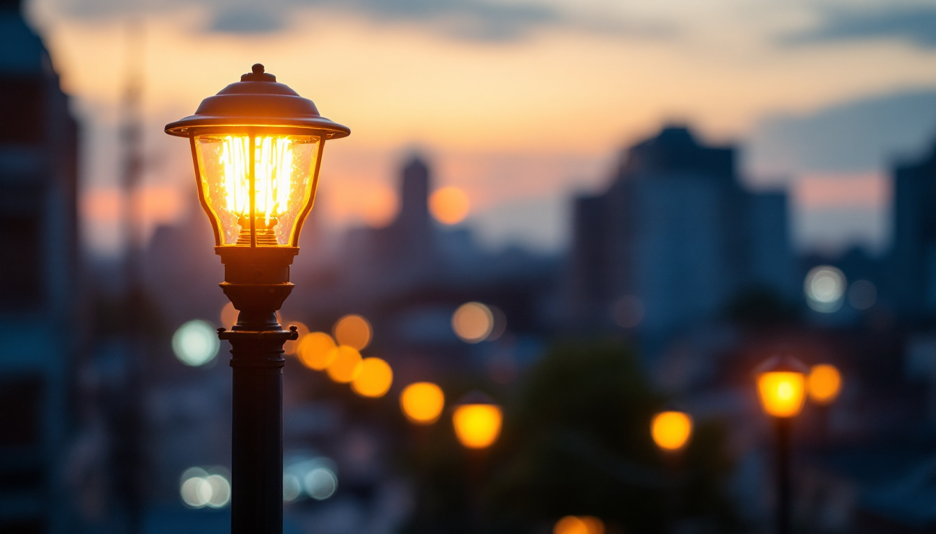 A photograph of a high-pressure sodium (hps) lamp in a vibrant urban setting at dusk