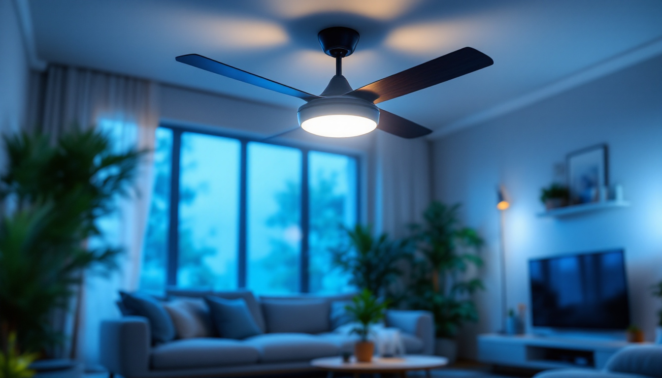 A photograph of a stylish yet affordable ceiling fan in a well-lit room