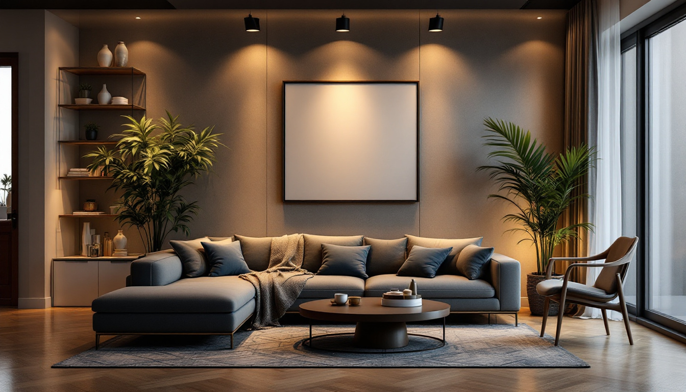 A photograph of a stylish living room featuring well-placed canned lighting that highlights the space's design elements