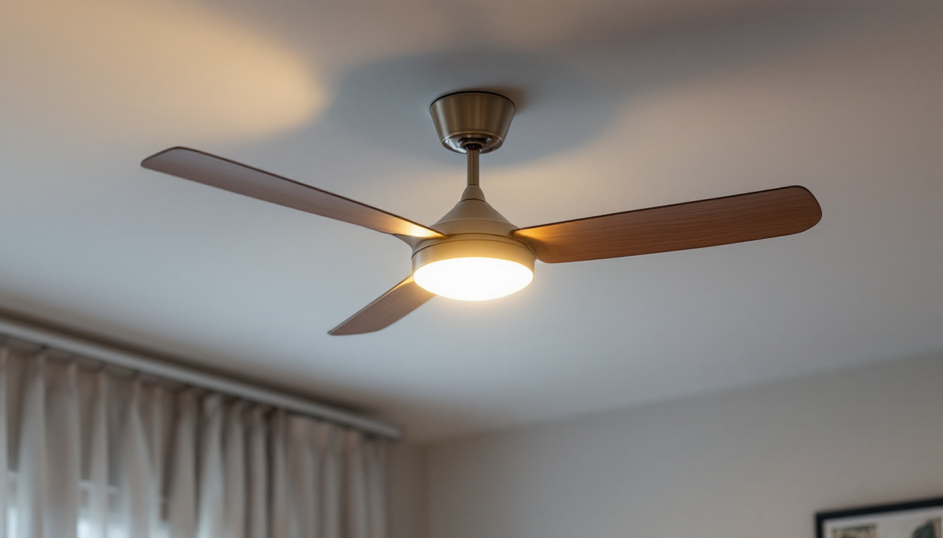 A photograph of a stylish ceiling light fan in a well-lit room