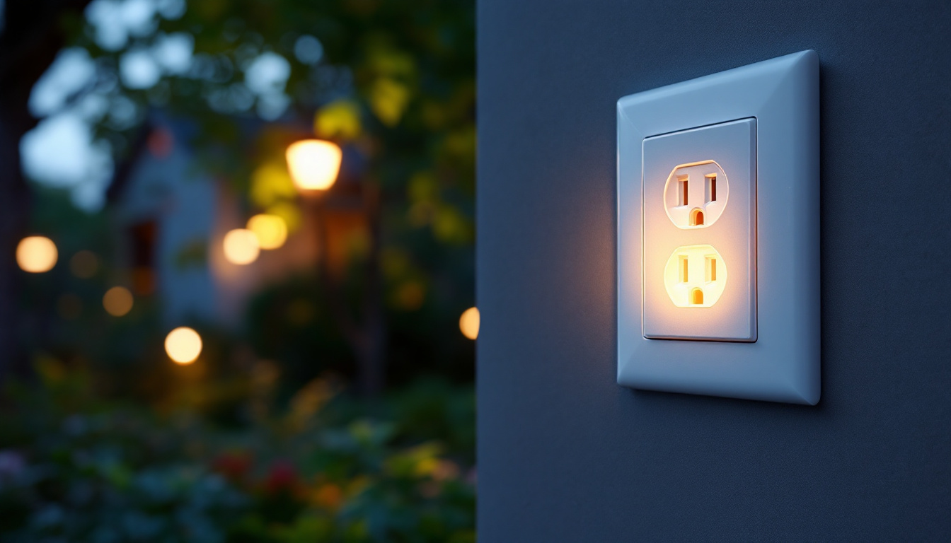 A photograph of a well-installed outdoor electrical outlet cover in a natural setting