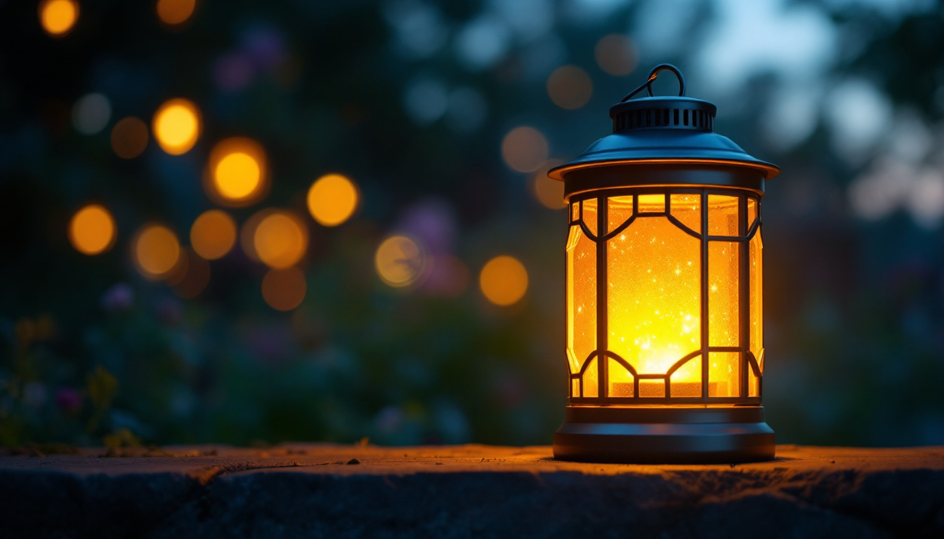 A photograph of a beautifully lit solar lantern glowing softly in a serene outdoor setting during twilight